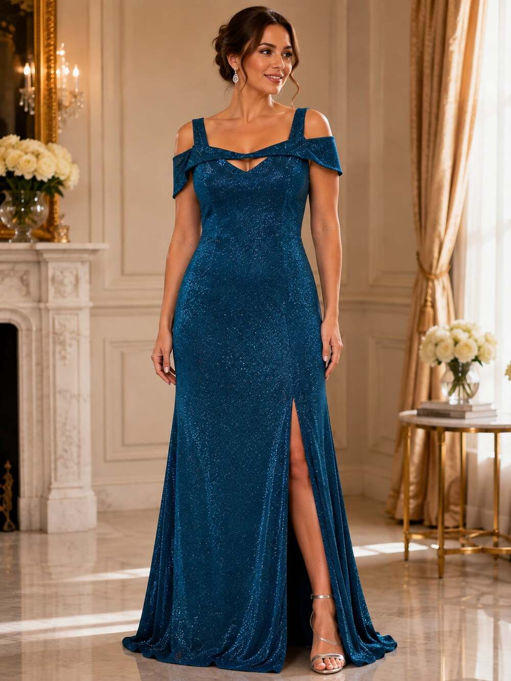 Nightway Cold-Shoulder Glitter Formal Evening Gown Style 21872